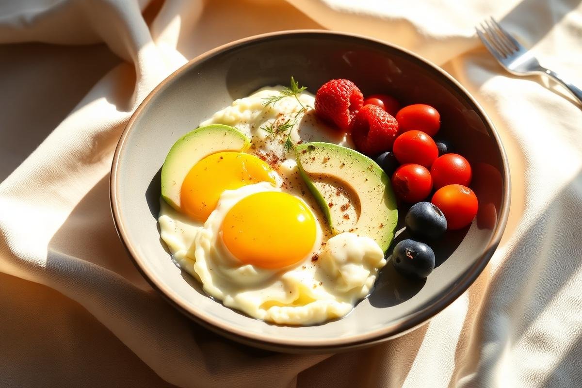 Simple Paleo breakfast bowl with eggs, avocado, tomatoes and berries